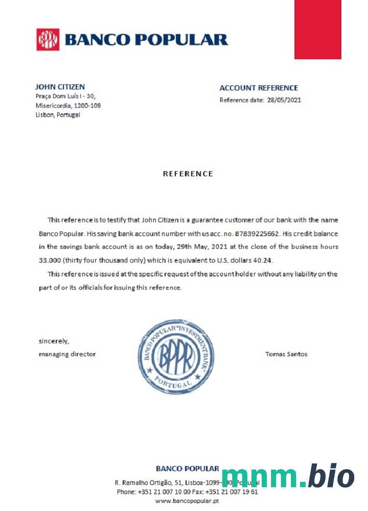 Portugal Banco popularny przykład odniesienia w formatach Word i PDF
